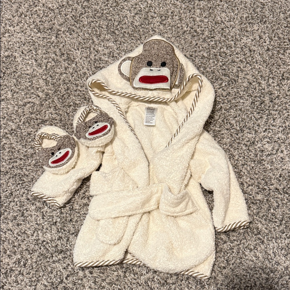 Kids Cream Hooded Bathrobe with Sock Monkey Hood